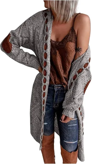 FMCHICO Long Sleeve Cable Knit Long Cardigan for Women Fall Winter Open Front Sweaters