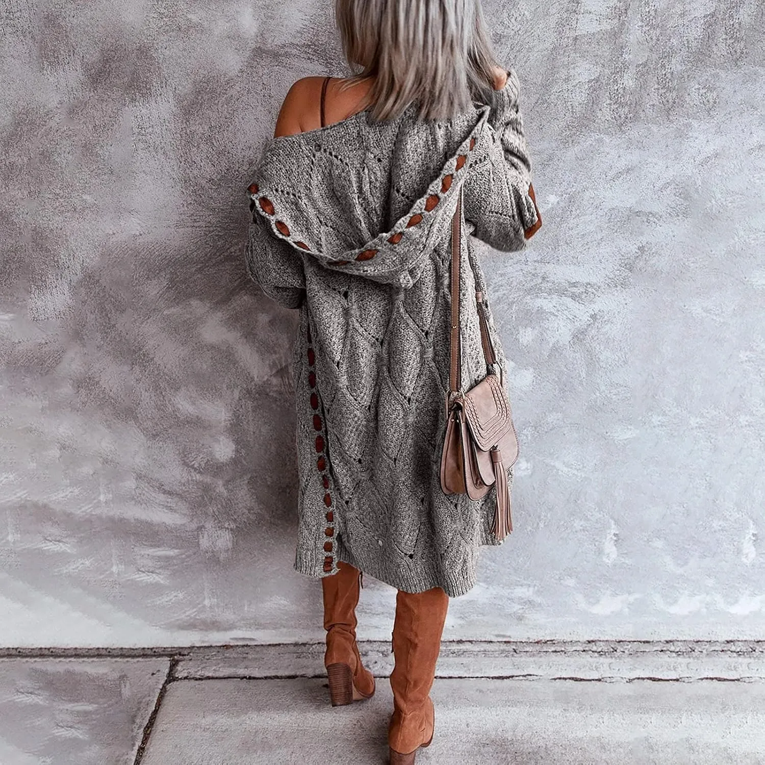 FMCHICO Long Sleeve Cable Knit Long Cardigan for Women Fall Winter Open Front Sweaters