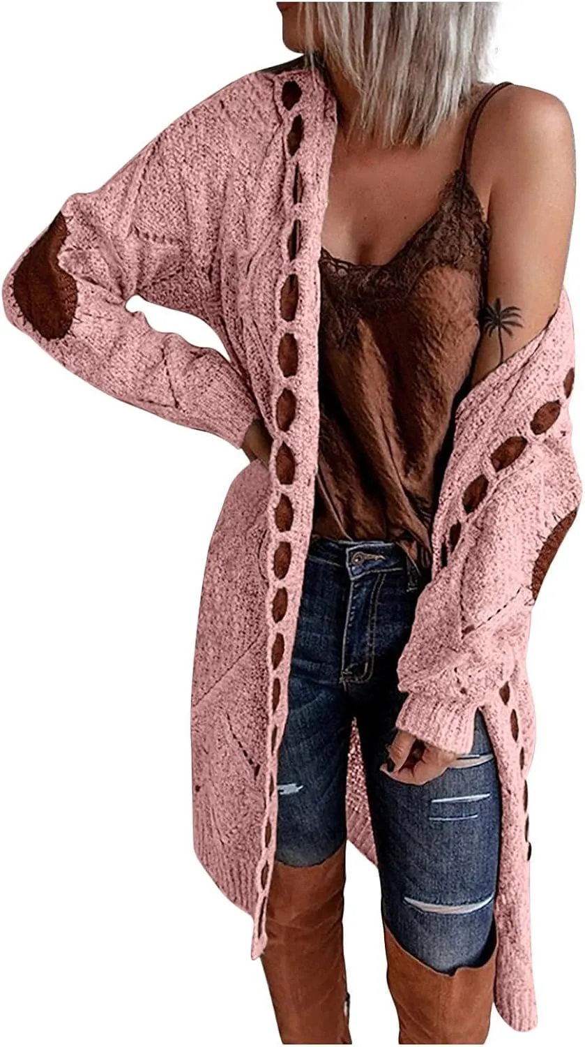 FMCHICO Long Sleeve Cable Knit Long Cardigan for Women Fall Winter Open Front Sweaters