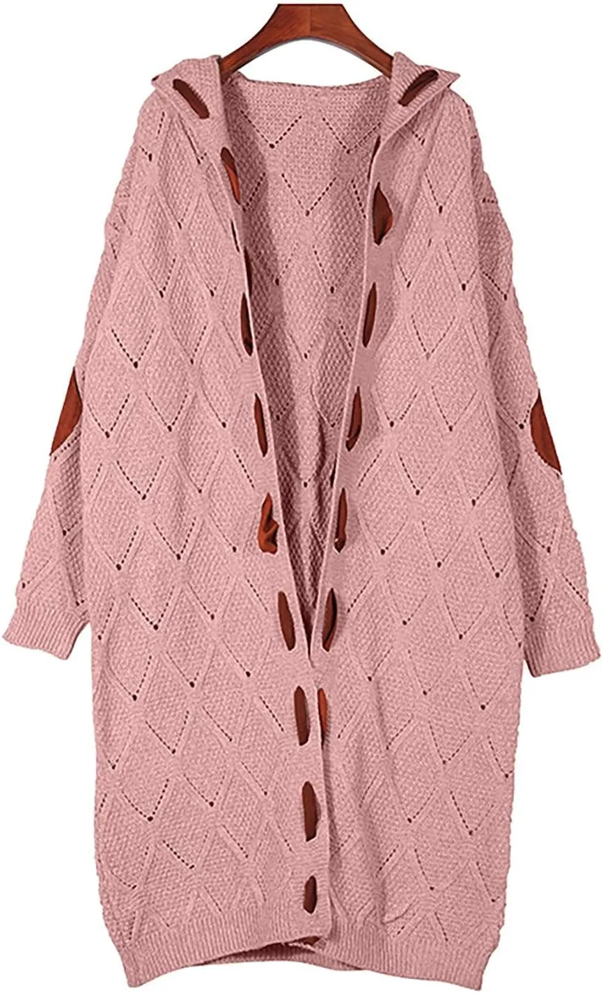 FMCHICO Long Sleeve Cable Knit Long Cardigan for Women Fall Winter Open Front Sweaters