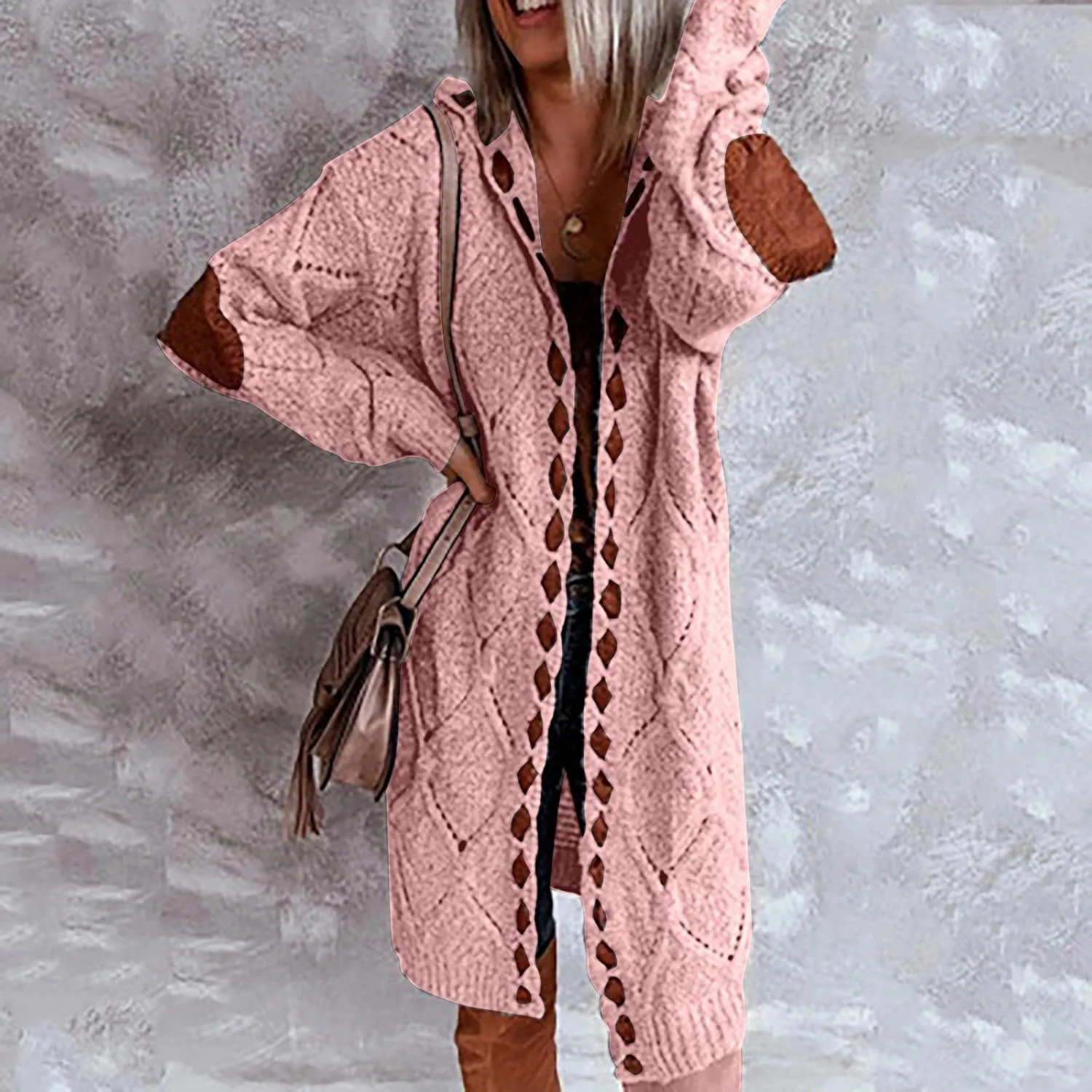 FMCHICO Long Sleeve Cable Knit Long Cardigan for Women Fall Winter Open Front Sweaters