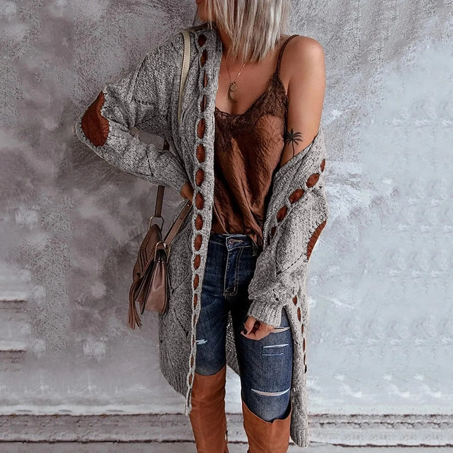 FMCHICO Long Sleeve Cable Knit Long Cardigan for Women Fall Winter Open Front Sweaters
