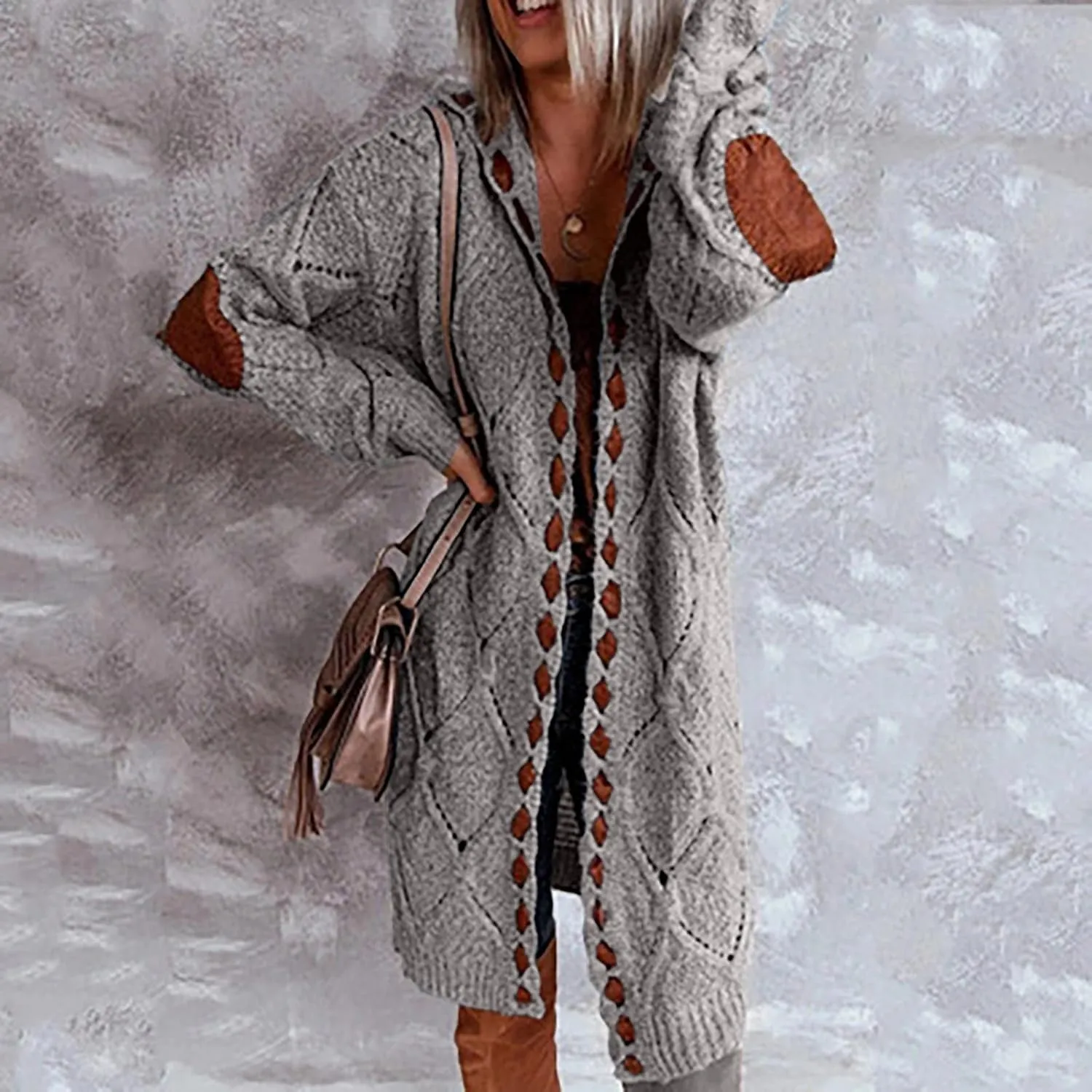 FMCHICO Long Sleeve Cable Knit Long Cardigan for Women Fall Winter Open Front Sweaters