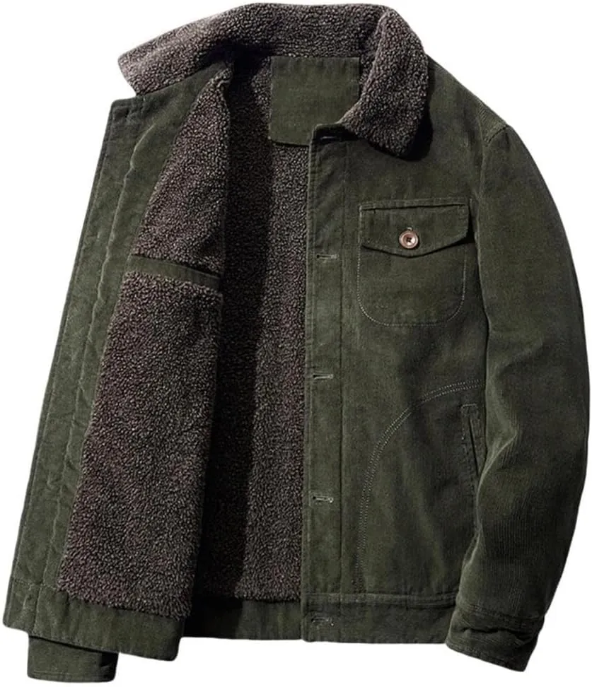 FMCHICO Men's Corduroy Jacket Fleece Sherpa Lined Winter Coats Warm Jacket Winter Thick Thermal Cargo Coat