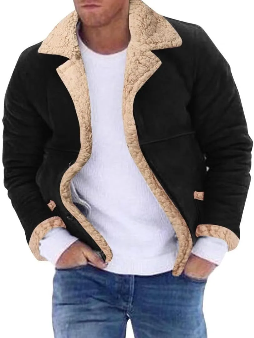 FMCHICO Mens Faux Suede Jacket Sherpa Lined Outwear Coat Casual Overcoat with Pockets