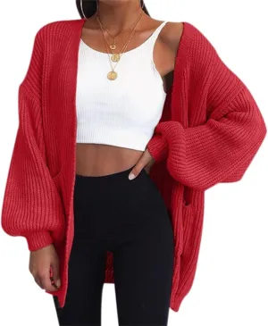 FMCHICO Womens 2023 Winter Open Front Long Sleeve Chunky Cable Knit Cardigan Sweater