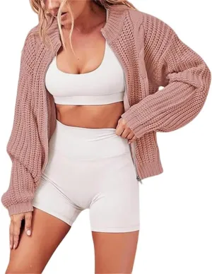 FMCHICO Women's Chunky Knit Open Front Sweater Long Sleeve Zipper Loose Short Cardigan Outerwear Coats