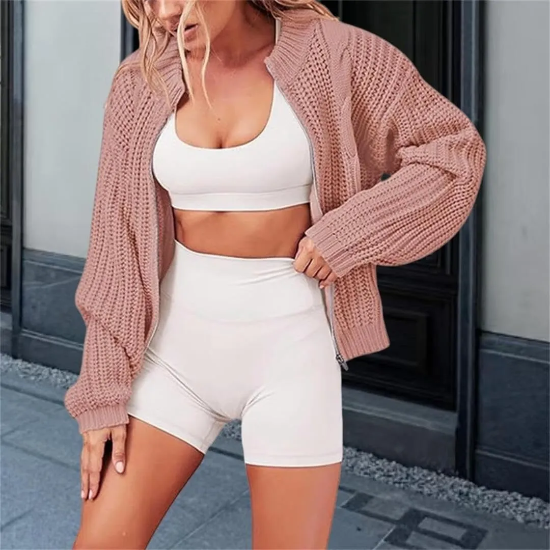 FMCHICO Women's Chunky Knit Open Front Sweater Long Sleeve Zipper Loose Short Cardigan Outerwear Coats