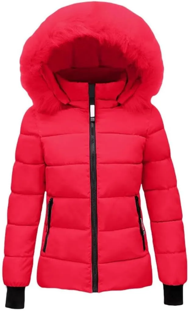 FMCHICO Women's Winter Puffer Coat Thicken Down Jacket Waterproof Faux Fur Detachable Hooded Parka