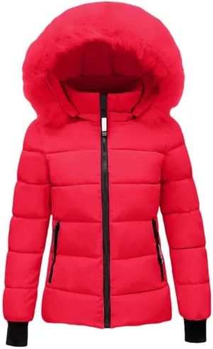 FMCHICO Women's Winter Puffer Coat Thicken Down Jacket Waterproof Faux Fur Detachable Hooded Parka