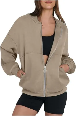 FMCHICO Women's Zip Up Oversized Hoodies Fall Long Sleeve Crewneck Sweatshirts Fleece Lined Loose Pullover Tops Jackets