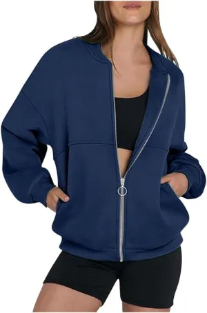 FMCHICO Women's Zip Up Oversized Hoodies Fall Long Sleeve Crewneck Sweatshirts Fleece Lined Loose Pullover Tops Jackets