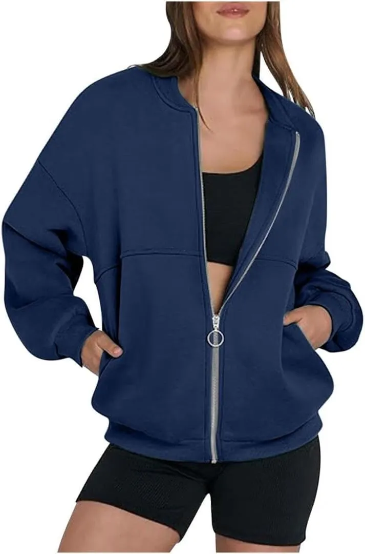FMCHICO Women's Zip Up Oversized Hoodies Fall Long Sleeve Crewneck Sweatshirts Fleece Lined Loose Pullover Tops Jackets