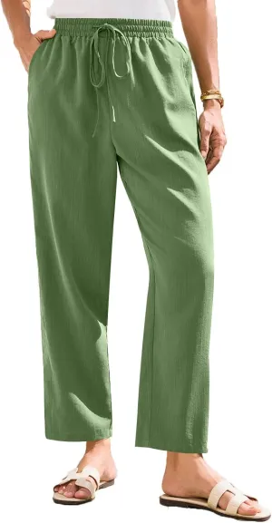 FQZWONG Womens Cotton Linen Pants Baggy Lounge Elastic Waist Trousers Casual Solid Drawstring Straight Leg Pants with Pockets