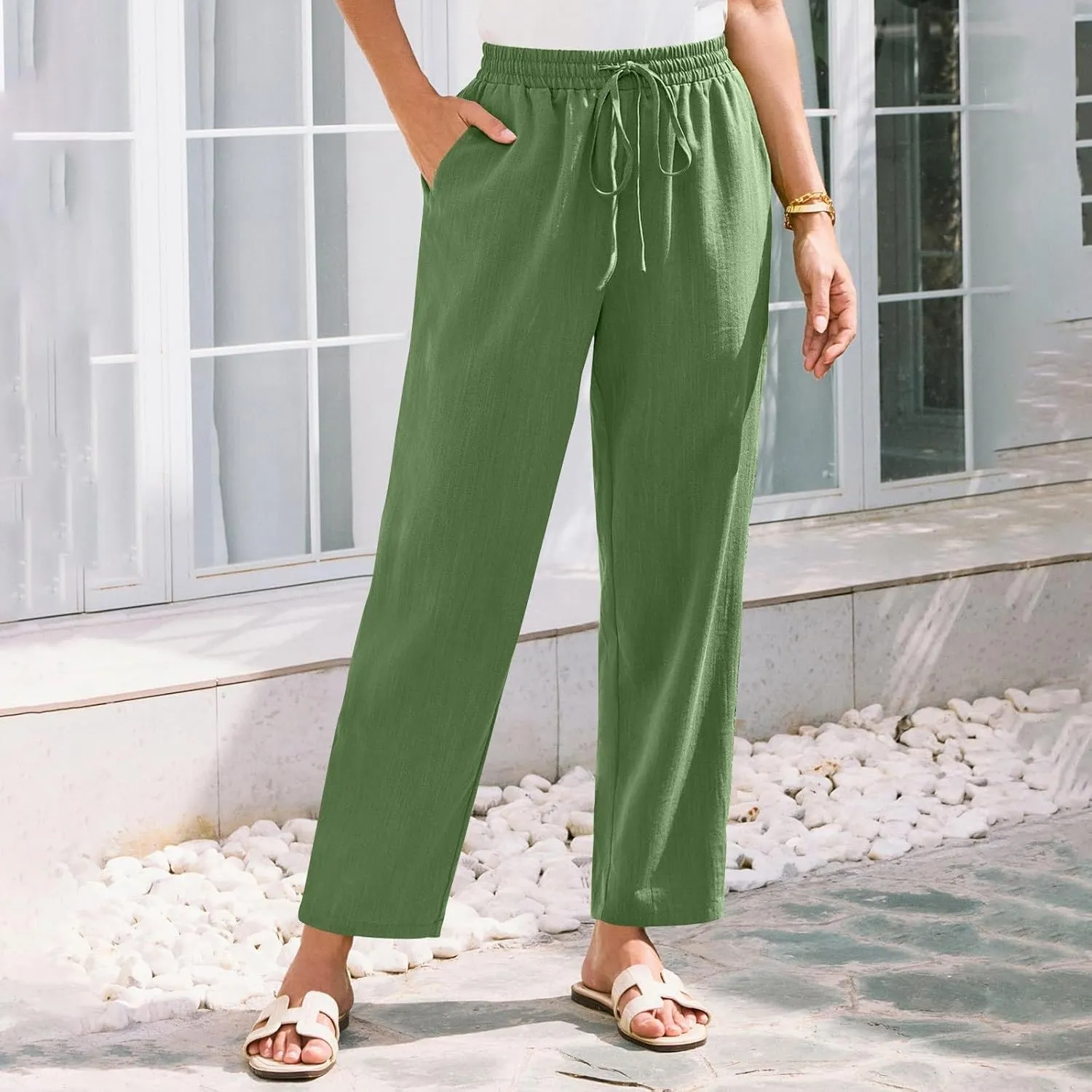 FQZWONG Womens Cotton Linen Pants Baggy Lounge Elastic Waist Trousers Casual Solid Drawstring Straight Leg Pants with Pockets