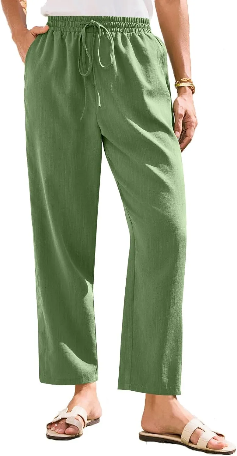 FQZWONG Womens Cotton Linen Pants Baggy Lounge Elastic Waist Trousers Casual Solid Drawstring Straight Leg Pants with Pockets