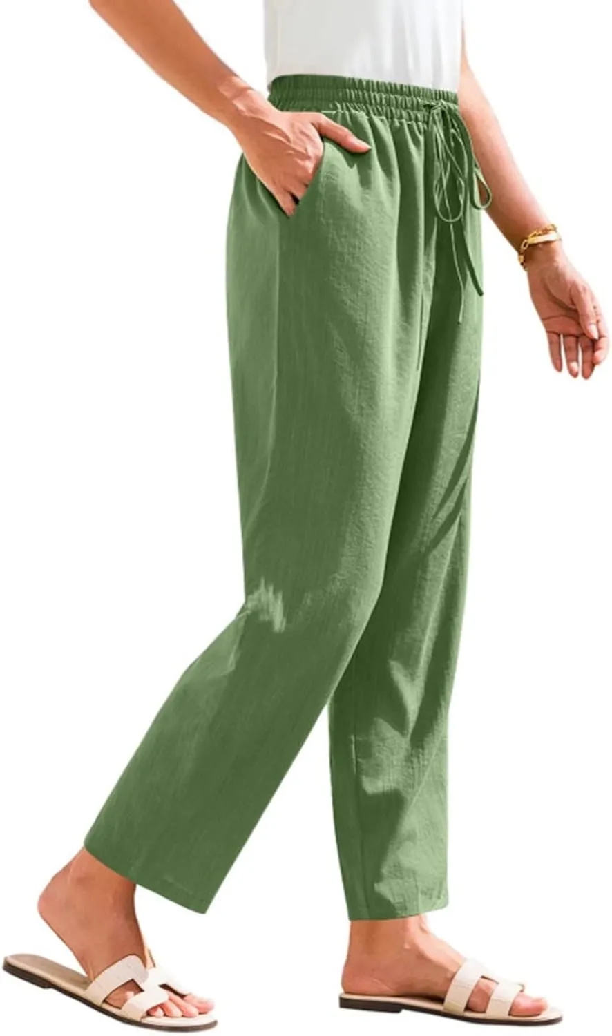 FQZWONG Womens Cotton Linen Pants Baggy Lounge Elastic Waist Trousers Casual Solid Drawstring Straight Leg Pants with Pockets