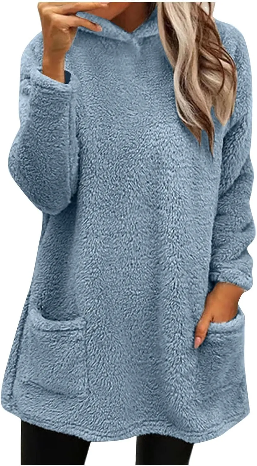 Fuzzy Fleece Hoodies For Women Cozy Warm Sherpa Hooded Pullover Tops Oversized Loose Soft Sweatshirt Loungewear