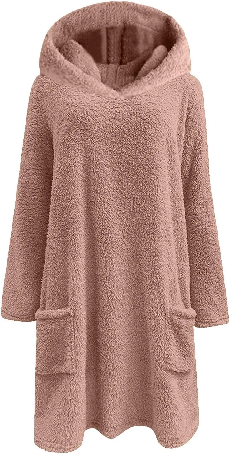 Fuzzy Fleece Hoodies For Women Cozy Warm Sherpa Hooded Pullover Tops Oversized Loose Soft Sweatshirt Loungewear