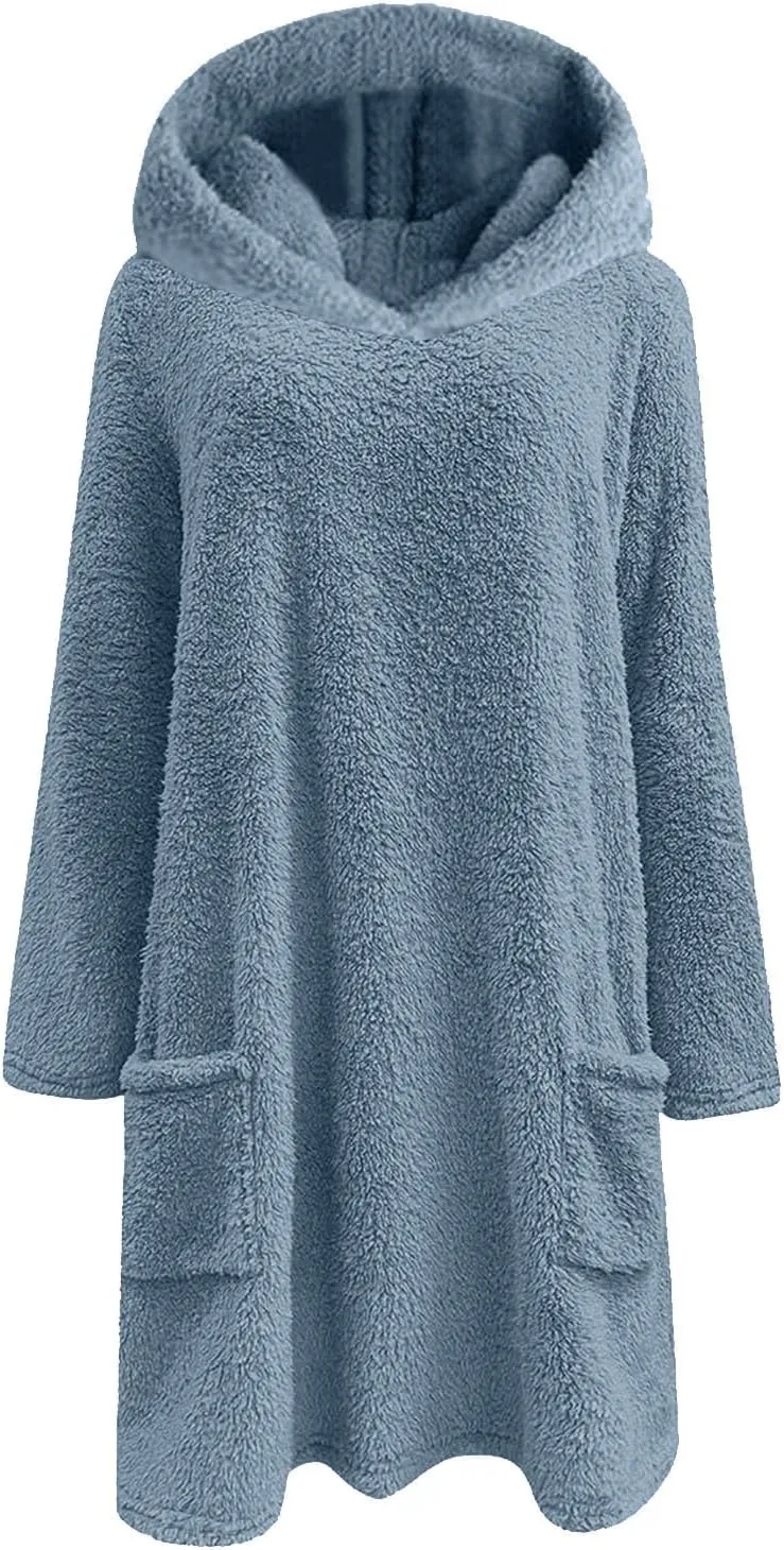 Fuzzy Fleece Hoodies For Women Cozy Warm Sherpa Hooded Pullover Tops Oversized Loose Soft Sweatshirt Loungewear