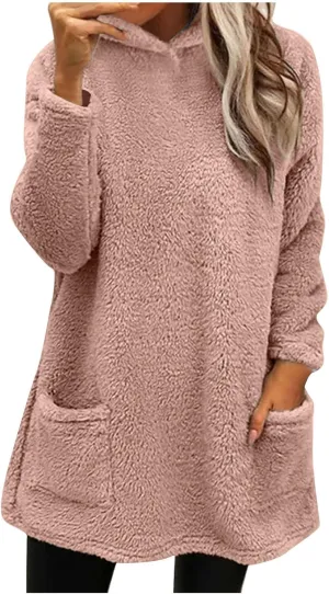 Fuzzy Fleece Hoodies For Women Cozy Warm Sherpa Hooded Pullover Tops Oversized Loose Soft Sweatshirt Loungewear