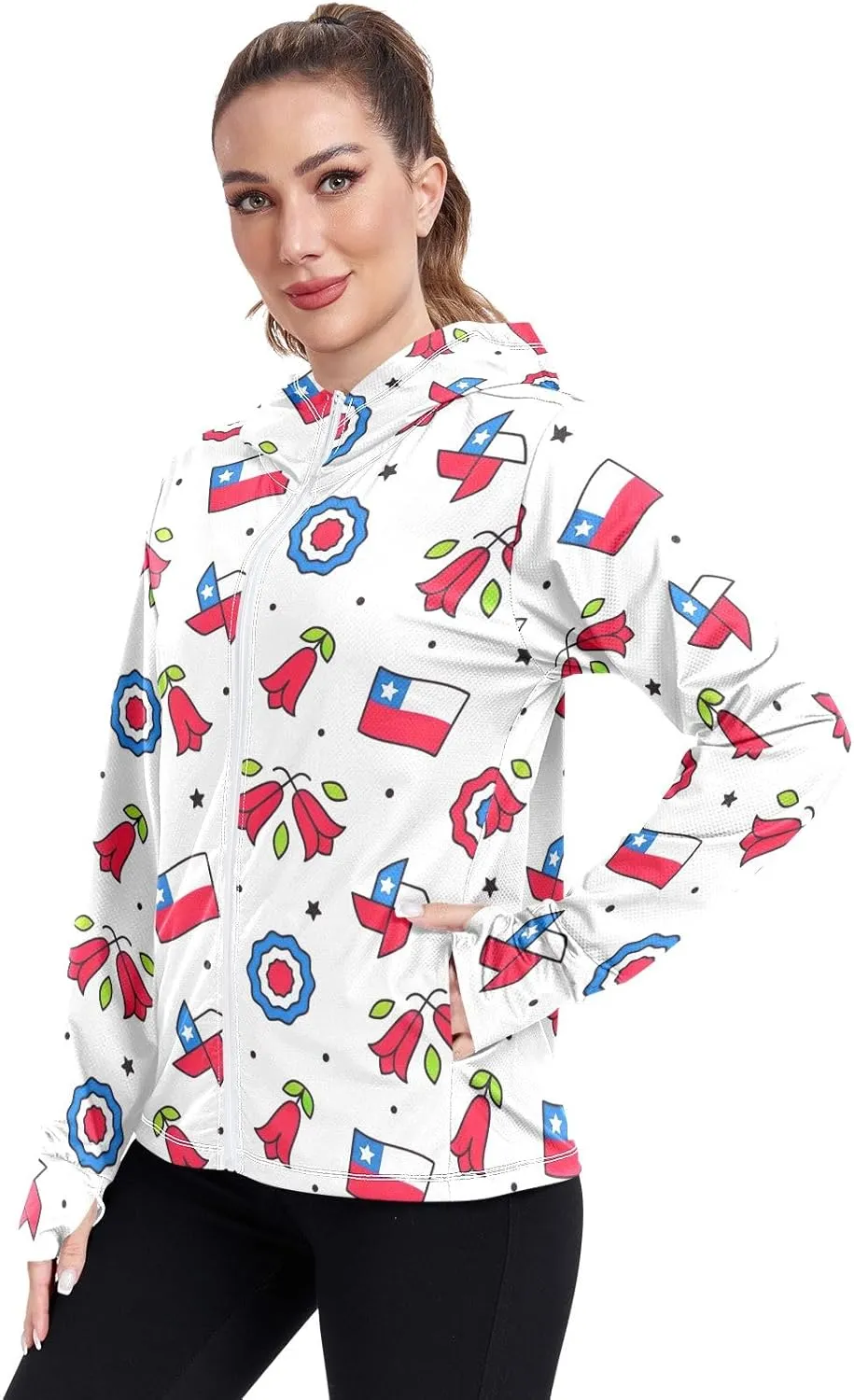 GAIGEO Blue Flowers Leaves White Women Jacket UPF 50  Uv Clothing for Women Sun Protection Cooling Fabric, Thumb Holes, XXL