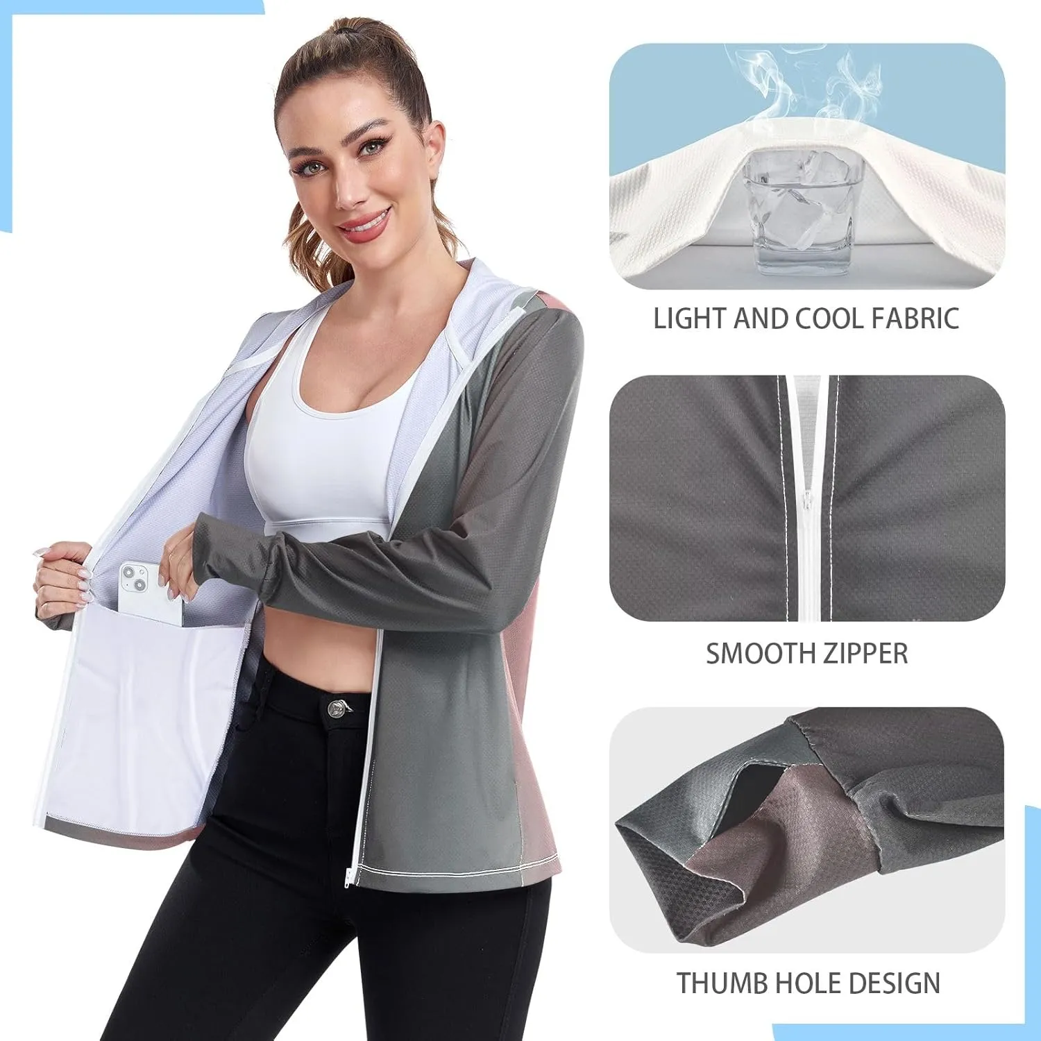 GAIGEO Blue Flowers Leaves White Women Jacket UPF 50  Uv Clothing for Women Sun Protection Cooling Fabric, Thumb Holes, XXL