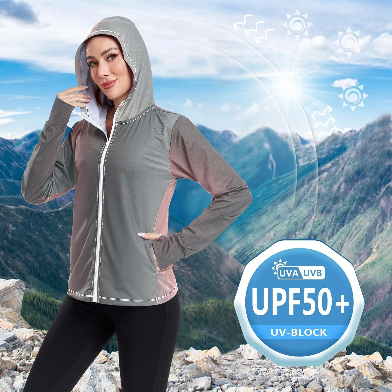 GAIGEO Blue Flowers Leaves White Women Jacket UPF 50  Uv Clothing for Women Sun Protection Cooling Fabric, Thumb Holes, XXL