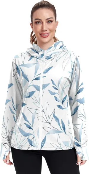 GAIGEO Blue Flowers Leaves White Women Jacket UPF 50  Uv Clothing for Women Sun Protection Cooling Fabric, Thumb Holes, XXL