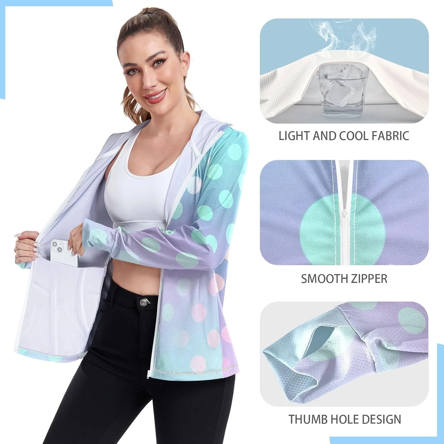 GAIGEO Blue Flowers Leaves White Women Jacket UPF 50  Uv Clothing for Women Sun Protection Cooling Fabric, Thumb Holes, XXL