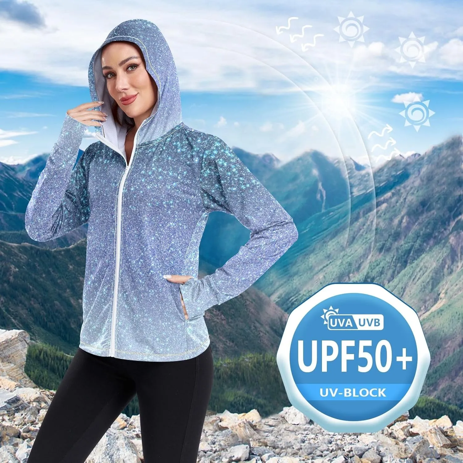 GAIGEO Blue Flowers Leaves White Women Jacket UPF 50  Uv Clothing for Women Sun Protection Cooling Fabric, Thumb Holes, XXL