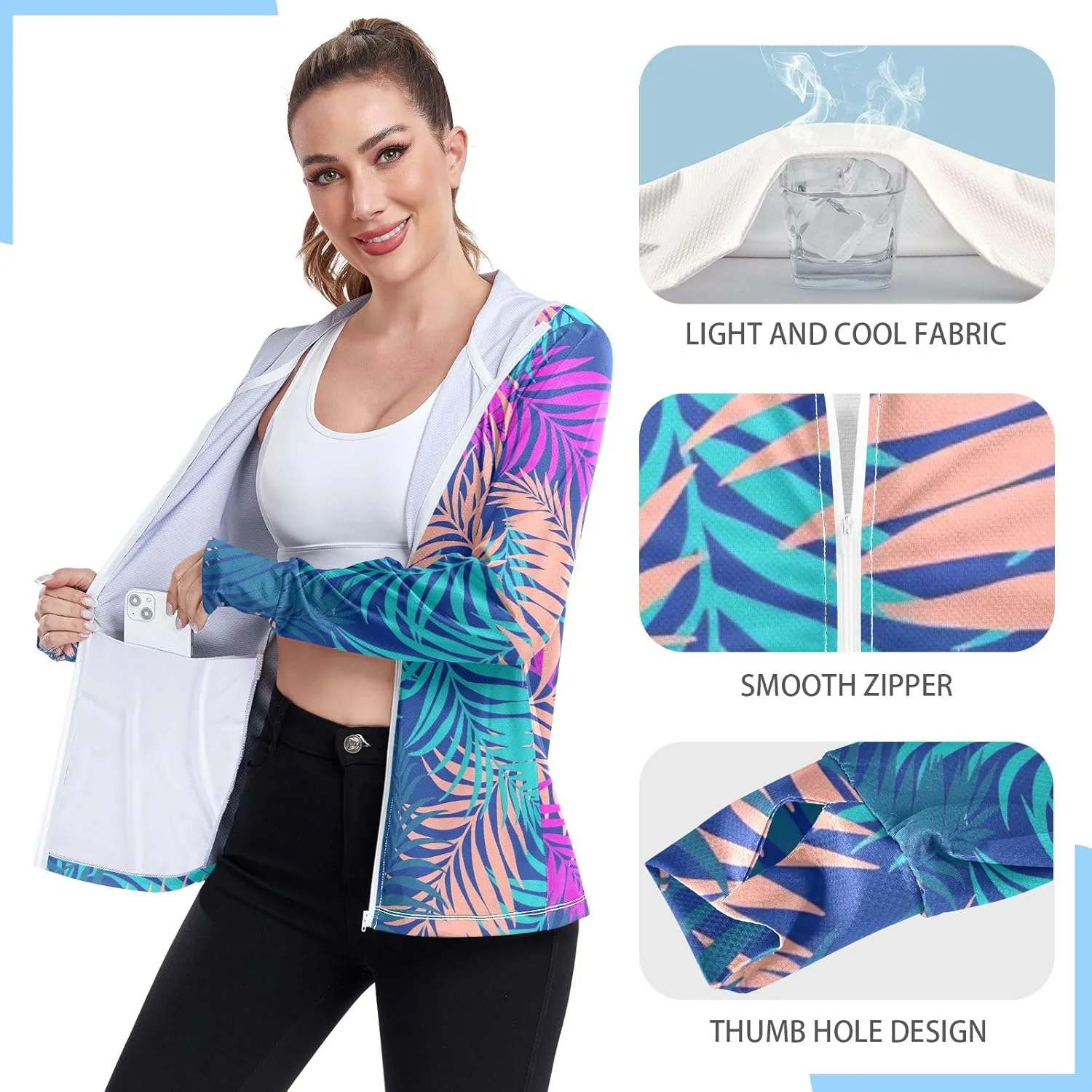 GAIGEO Blue Flowers Leaves White Women Jacket UPF 50  Uv Clothing for Women Sun Protection Cooling Fabric, Thumb Holes, XXL