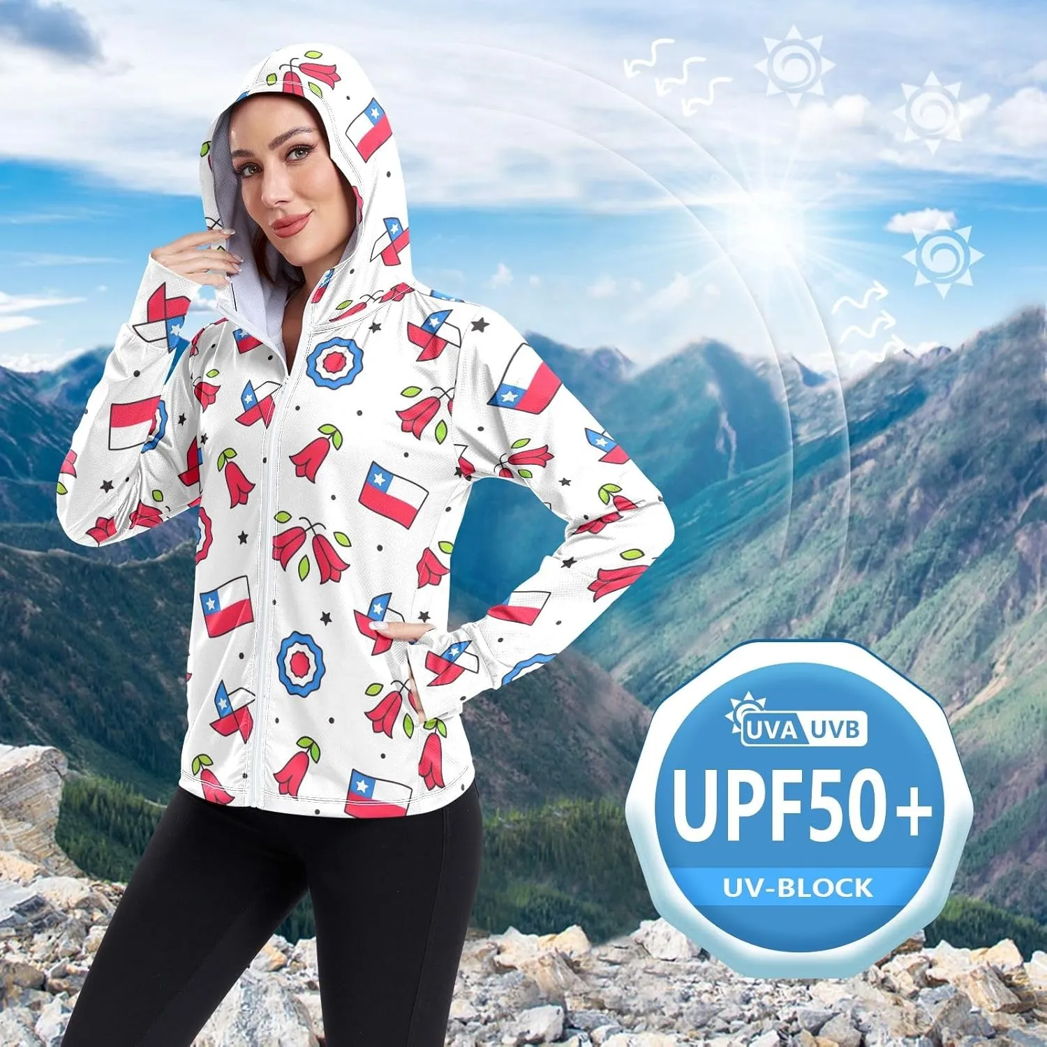 GAIGEO Blue Flowers Leaves White Women Jacket UPF 50  Uv Clothing for Women Sun Protection Cooling Fabric, Thumb Holes, XXL