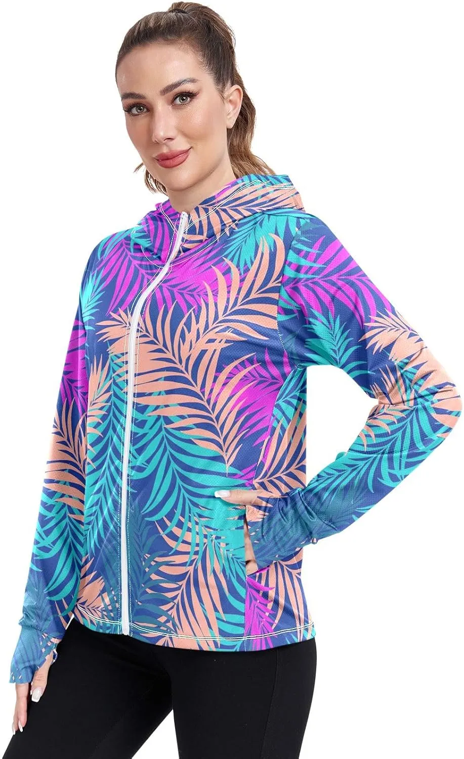 GAIGEO Blue Flowers Leaves White Women Jacket UPF 50  Uv Clothing for Women Sun Protection Cooling Fabric, Thumb Holes, XXL