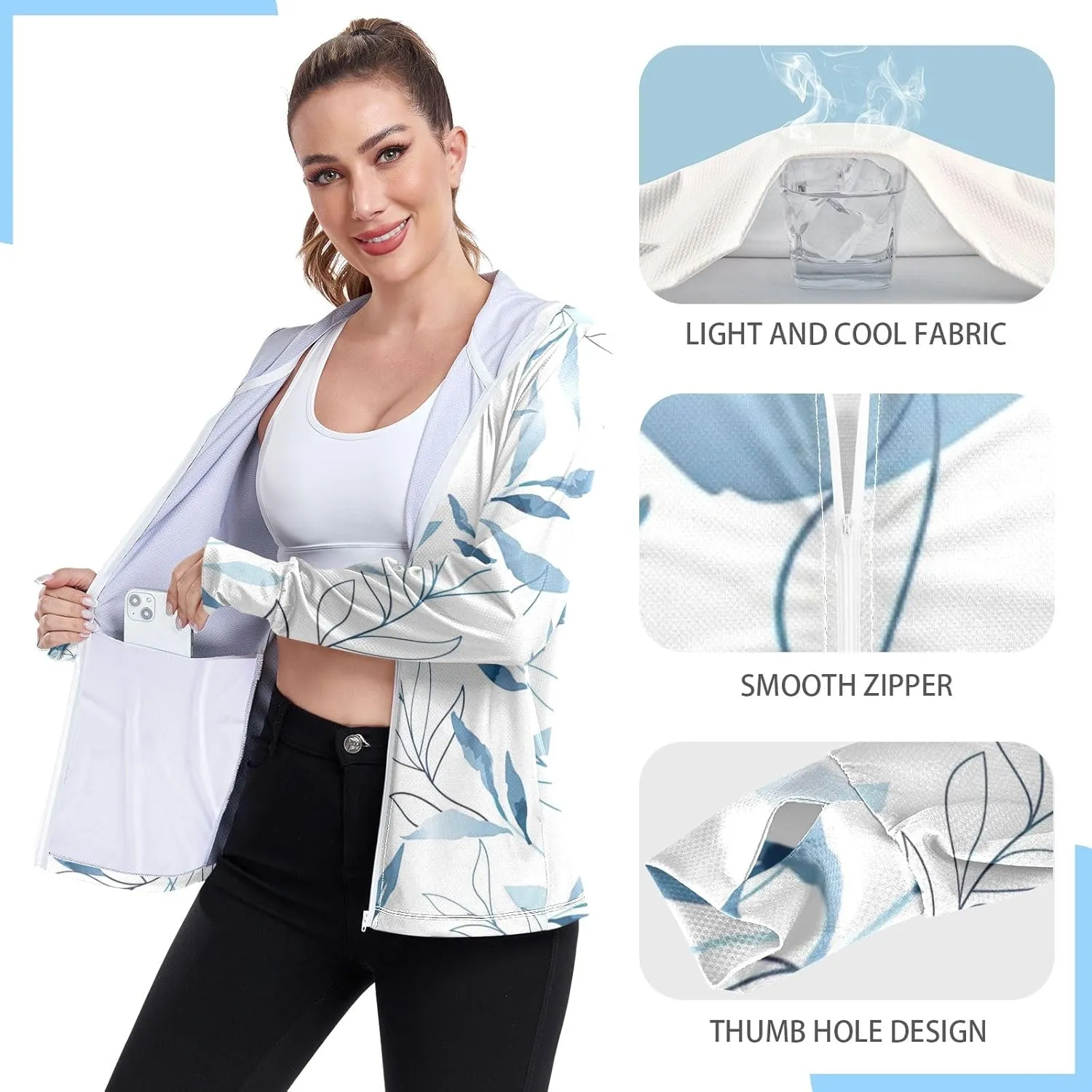 GAIGEO Blue Flowers Leaves White Women Jacket UPF 50  Uv Clothing for Women Sun Protection Cooling Fabric, Thumb Holes, XXL