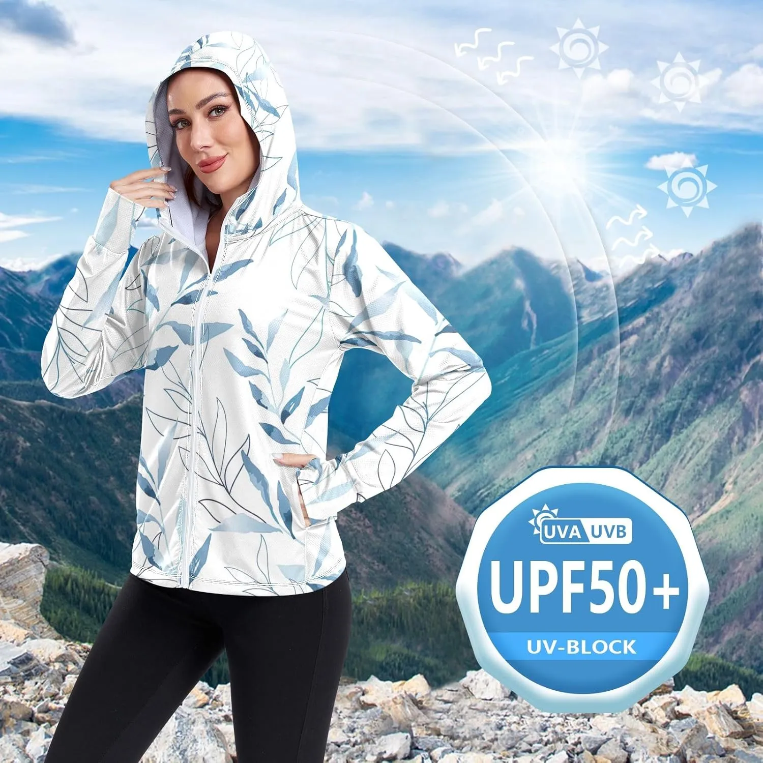 GAIGEO Blue Flowers Leaves White Women Jacket UPF 50  Uv Clothing for Women Sun Protection Cooling Fabric, Thumb Holes, XXL