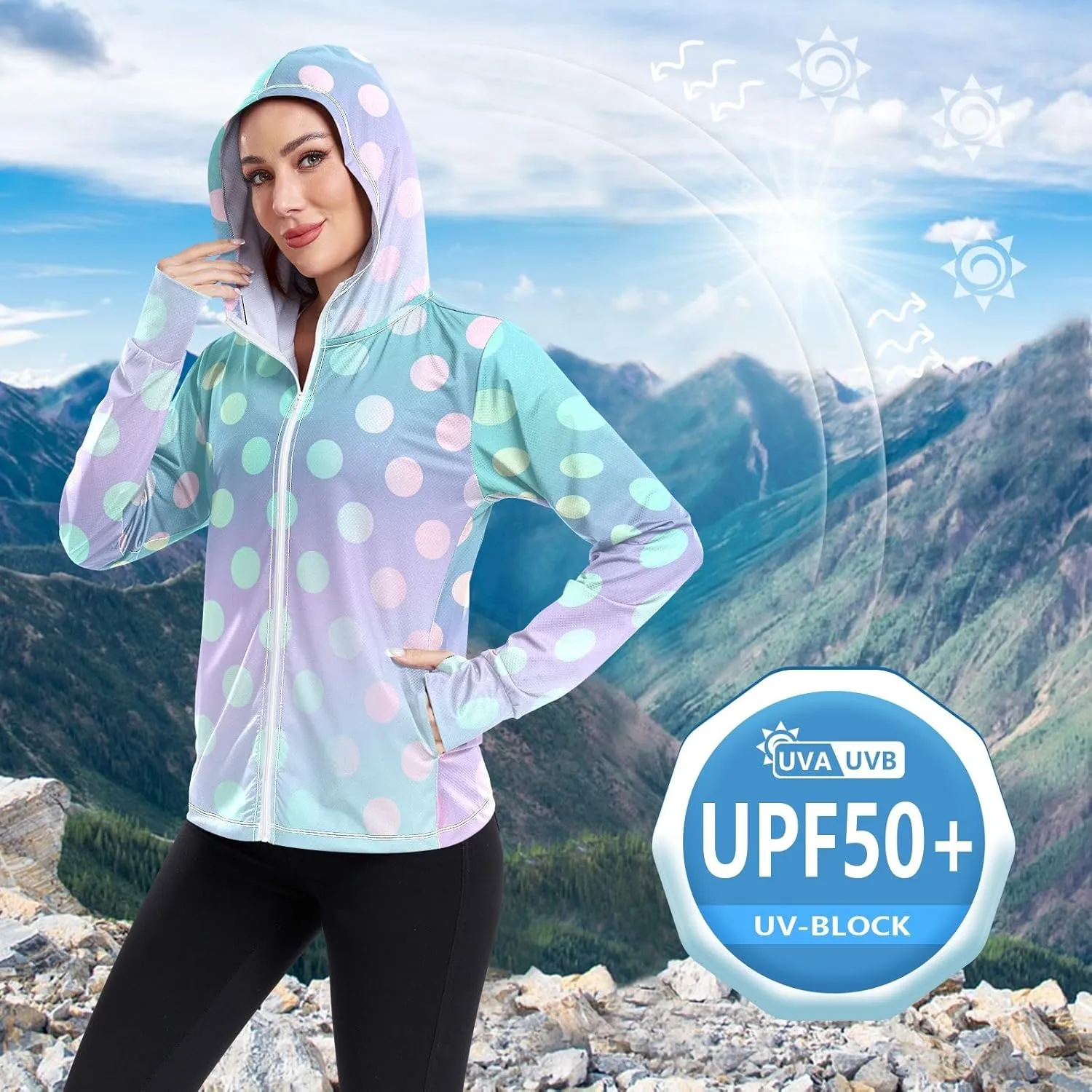 GAIGEO Blue Flowers Leaves White Women Jacket UPF 50  Uv Clothing for Women Sun Protection Cooling Fabric, Thumb Holes, XXL