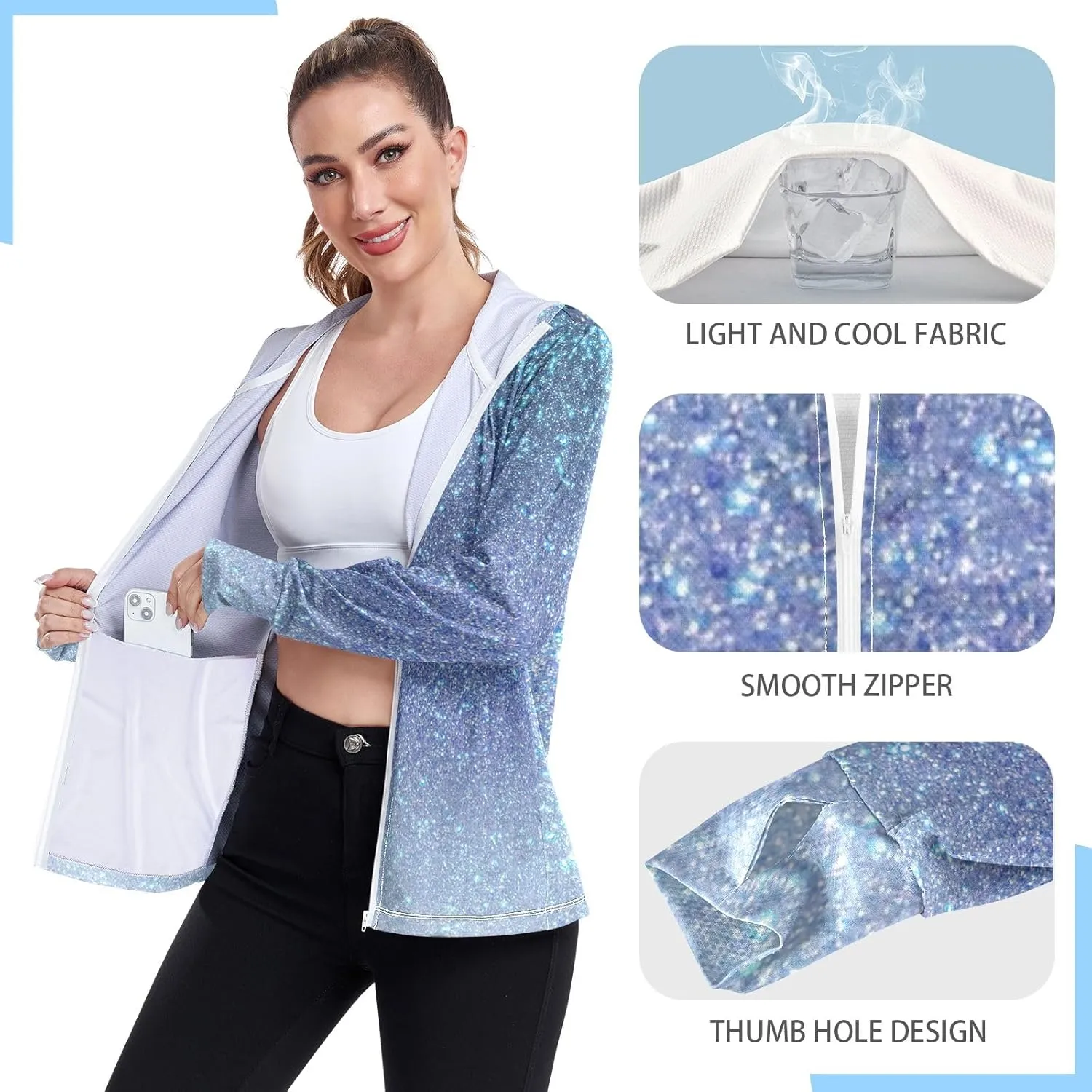 GAIGEO Blue Flowers Leaves White Women Jacket UPF 50  Uv Clothing for Women Sun Protection Cooling Fabric, Thumb Holes, XXL