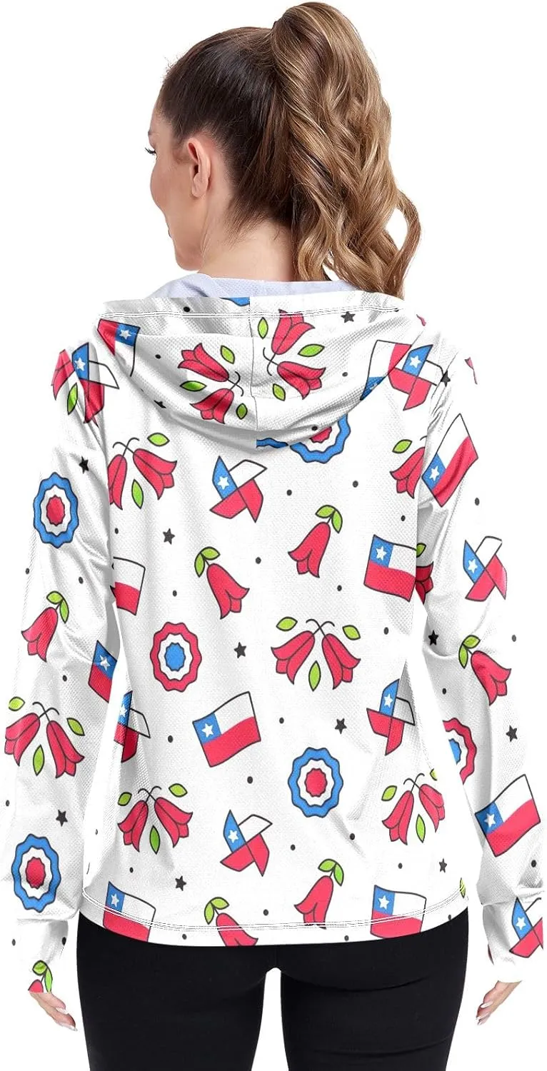 GAIGEO Blue Flowers Leaves White Women Jacket UPF 50  Uv Clothing for Women Sun Protection Cooling Fabric, Thumb Holes, XXL