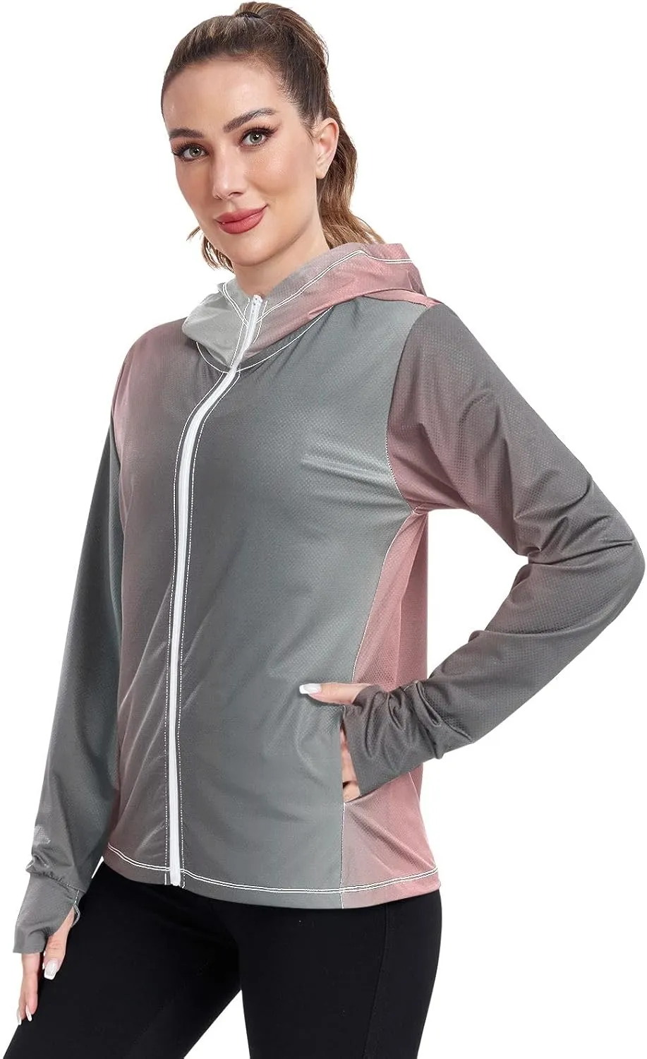 GAIGEO Blue Flowers Leaves White Women Jacket UPF 50  Uv Clothing for Women Sun Protection Cooling Fabric, Thumb Holes, XXL