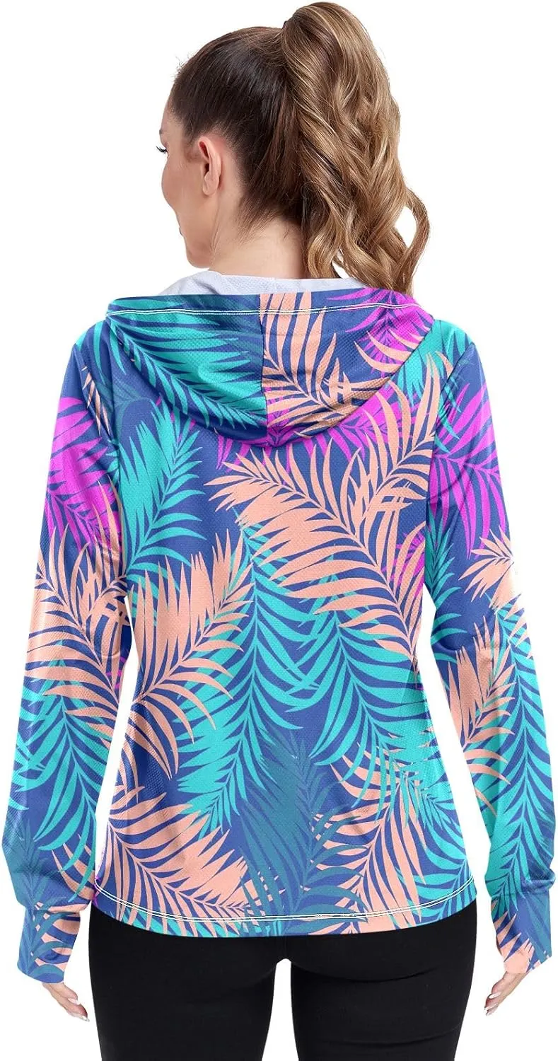 GAIGEO Blue Flowers Leaves White Women Jacket UPF 50  Uv Clothing for Women Sun Protection Cooling Fabric, Thumb Holes, XXL