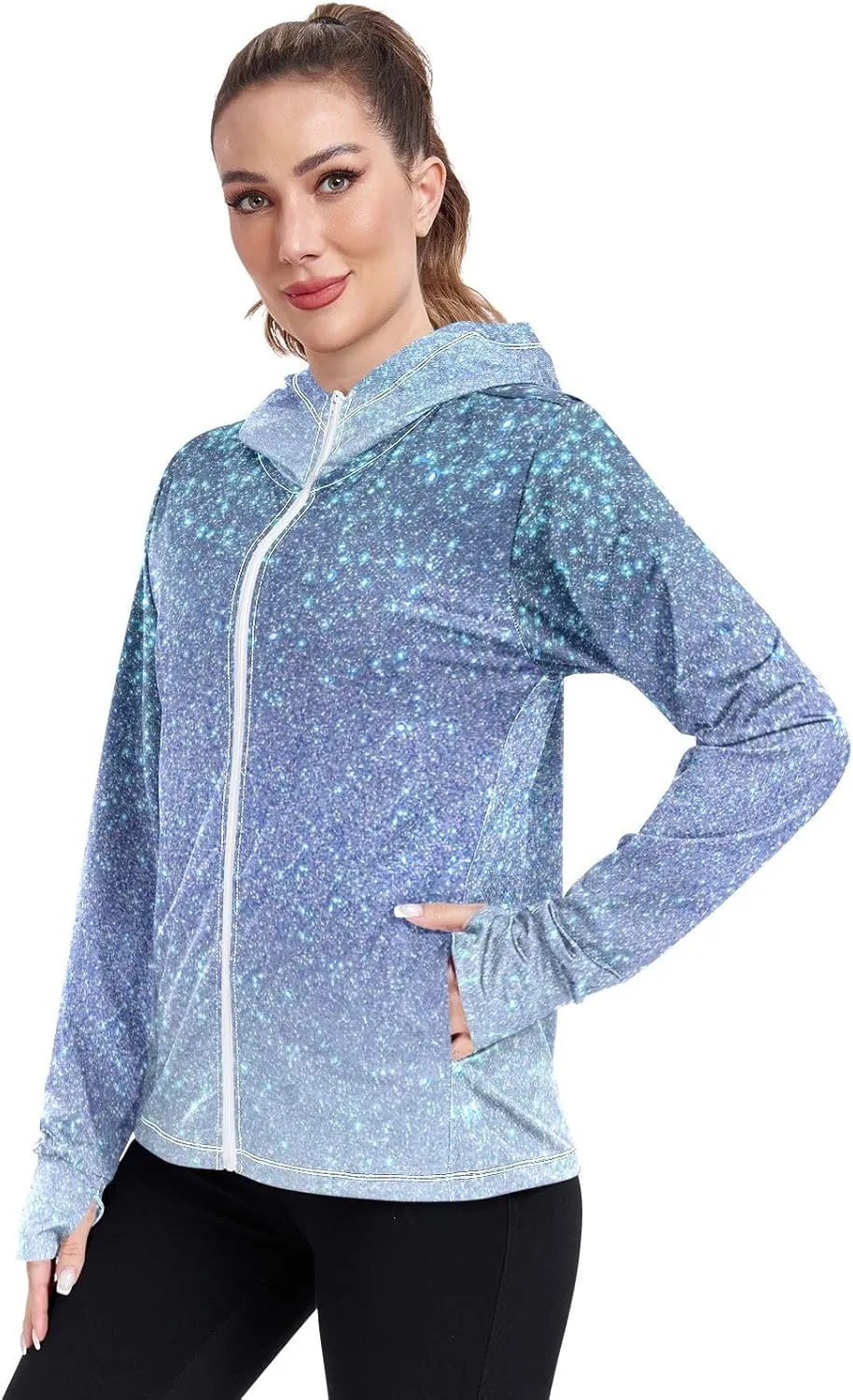 GAIGEO Blue Flowers Leaves White Women Jacket UPF 50  Uv Clothing for Women Sun Protection Cooling Fabric, Thumb Holes, XXL