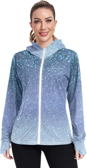GAIGEO Blue Flowers Leaves White Women Jacket UPF 50  Uv Clothing for Women Sun Protection Cooling Fabric, Thumb Holes, XXL