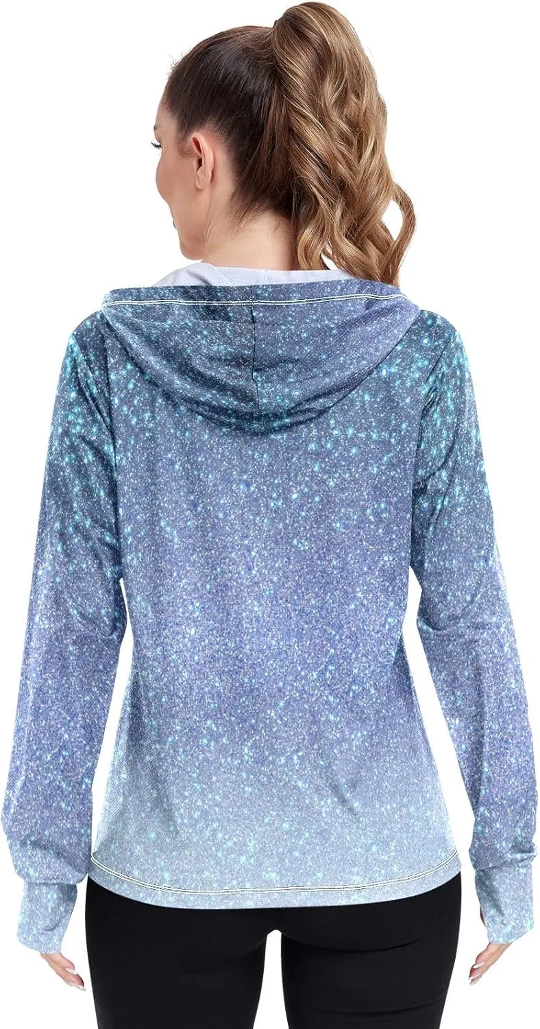 GAIGEO Blue Flowers Leaves White Women Jacket UPF 50  Uv Clothing for Women Sun Protection Cooling Fabric, Thumb Holes, XXL