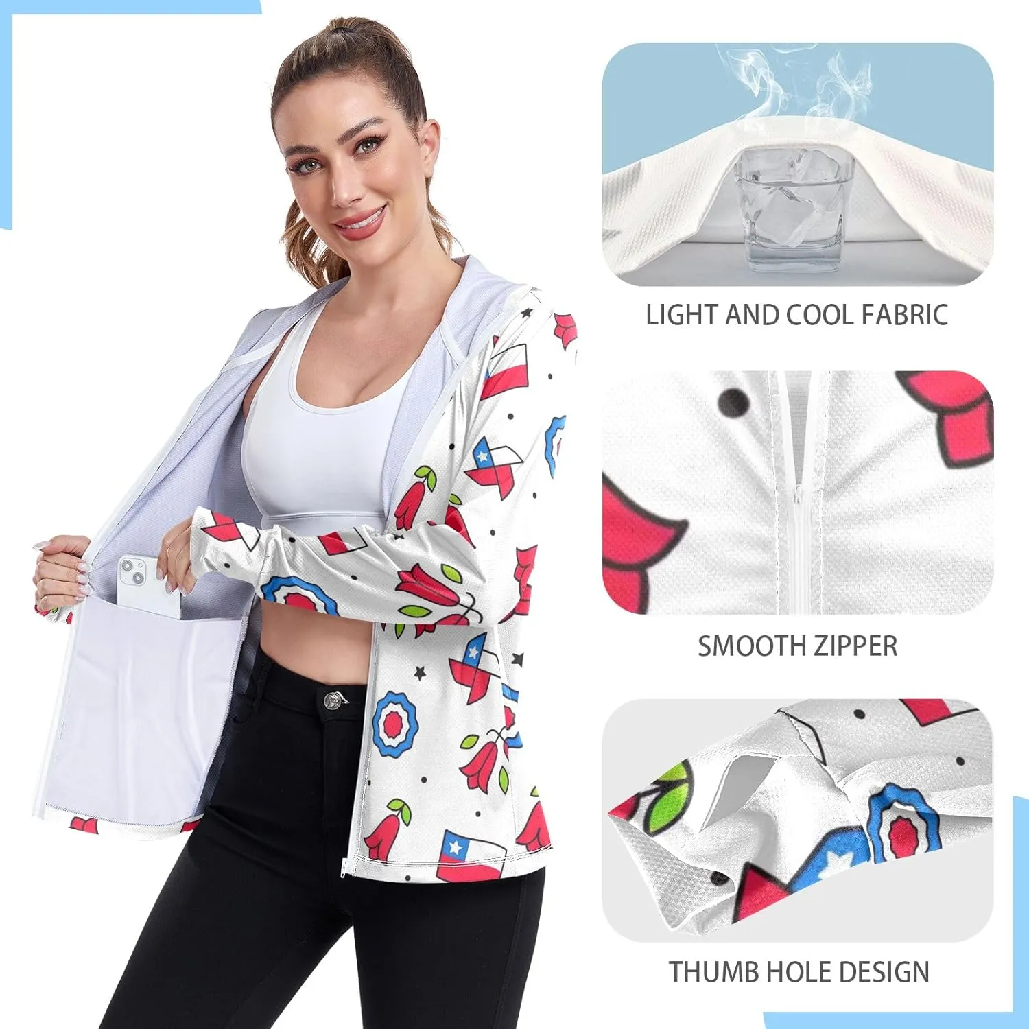 GAIGEO Blue Flowers Leaves White Women Jacket UPF 50  Uv Clothing for Women Sun Protection Cooling Fabric, Thumb Holes, XXL