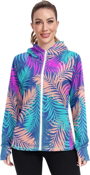 GAIGEO Blue Flowers Leaves White Women Jacket UPF 50  Uv Clothing for Women Sun Protection Cooling Fabric, Thumb Holes, XXL