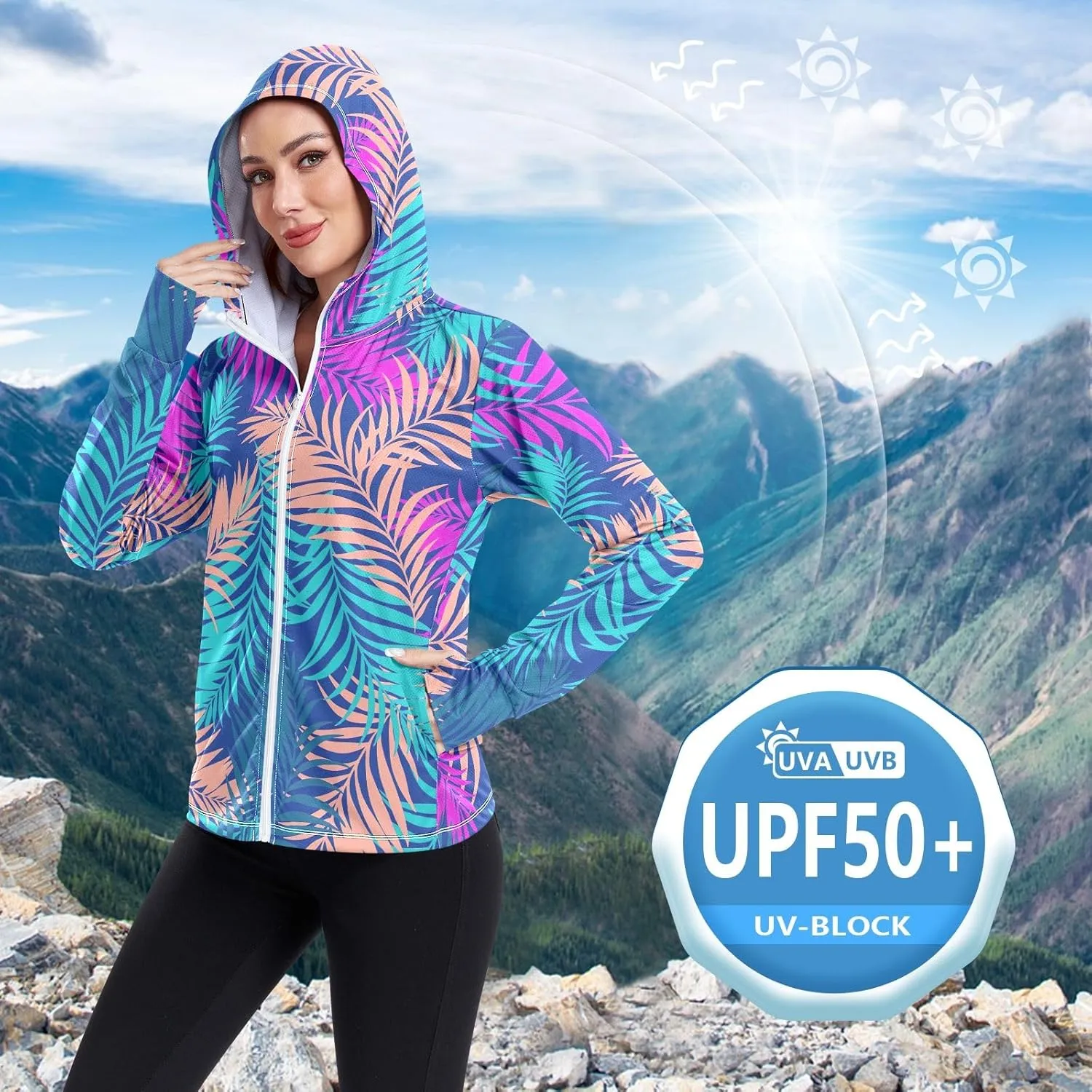 GAIGEO Blue Flowers Leaves White Women Jacket UPF 50  Uv Clothing for Women Sun Protection Cooling Fabric, Thumb Holes, XXL