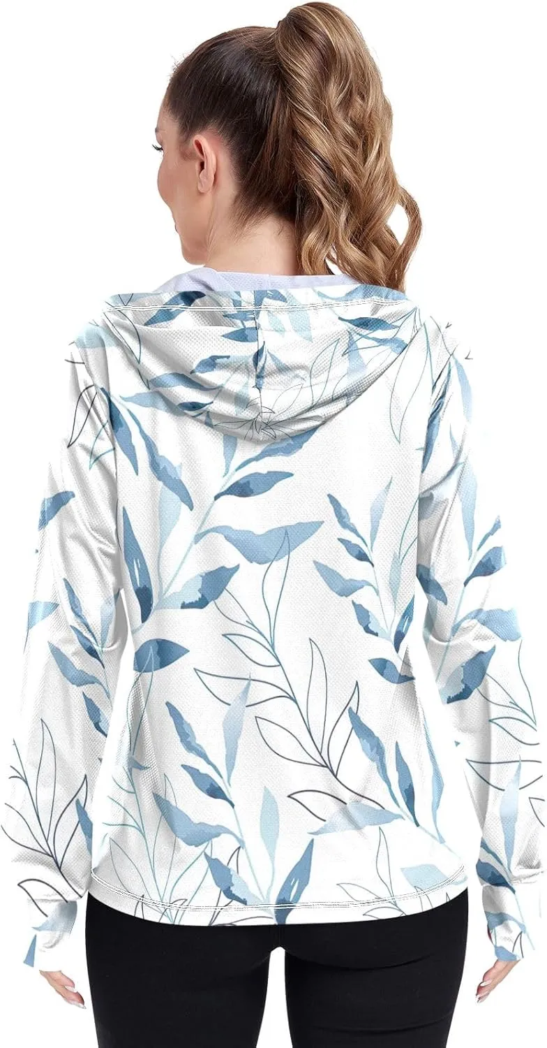 GAIGEO Blue Flowers Leaves White Women Jacket UPF 50  Uv Clothing for Women Sun Protection Cooling Fabric, Thumb Holes, XXL