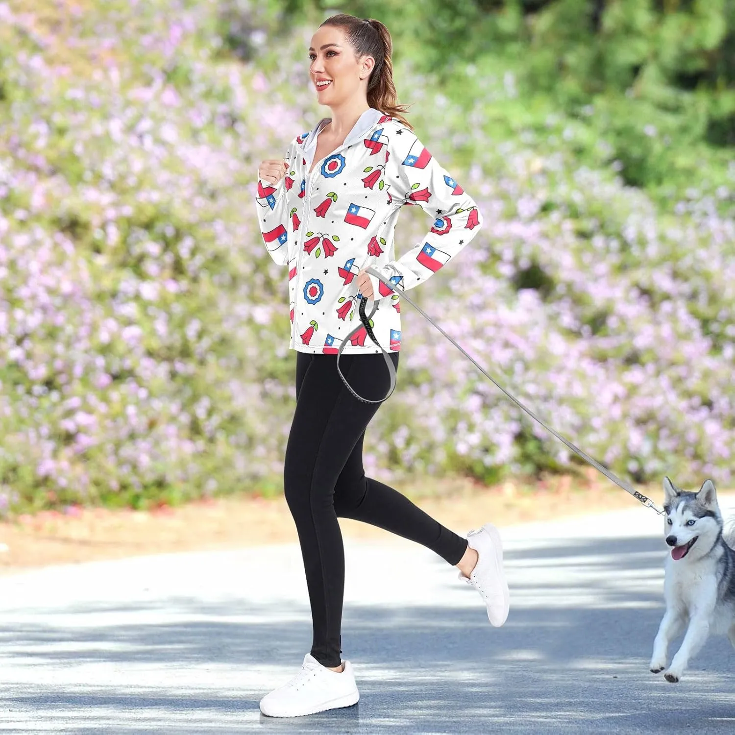 GAIGEO Blue Flowers Leaves White Women Jacket UPF 50  Uv Clothing for Women Sun Protection Cooling Fabric, Thumb Holes, XXL
