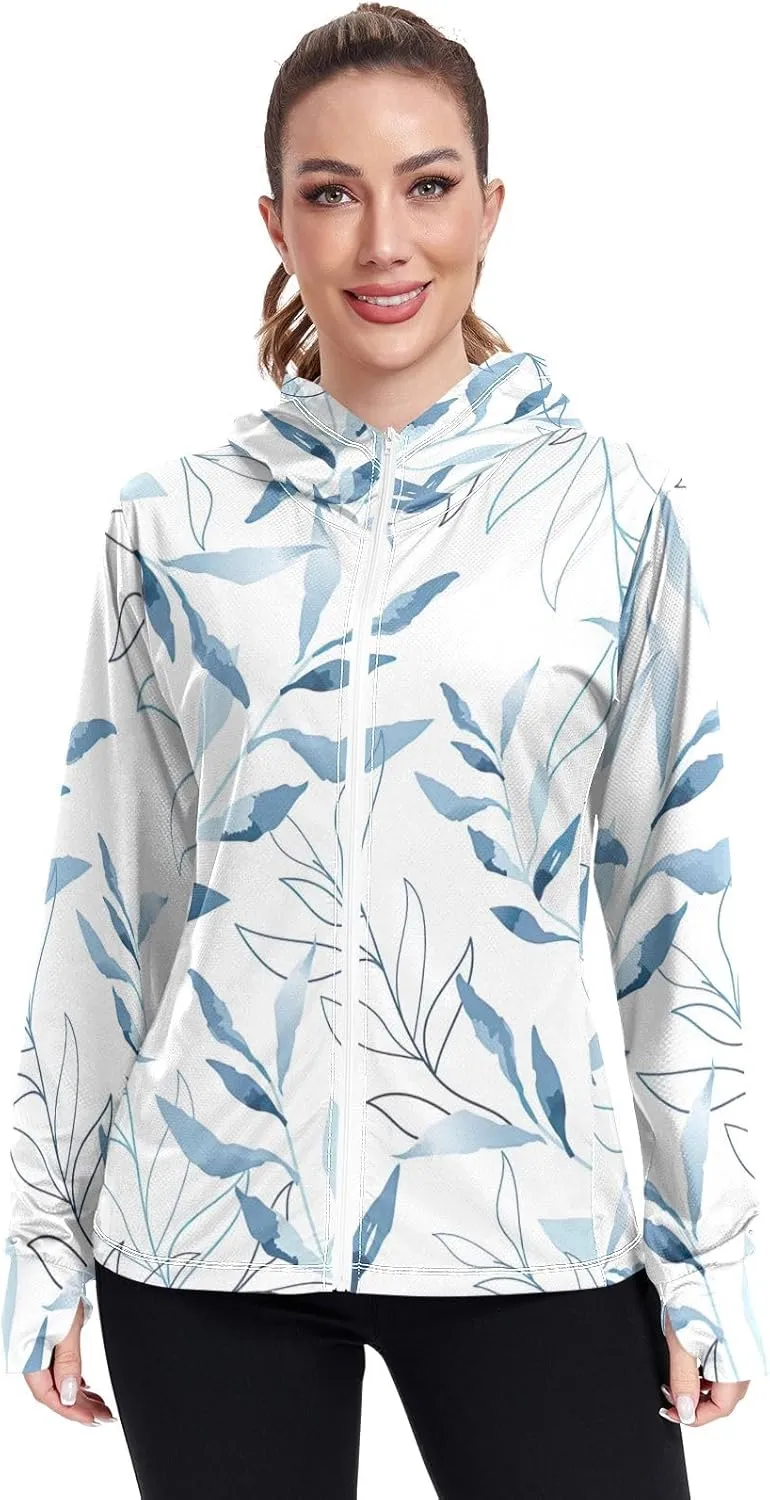 GAIGEO Blue Flowers Leaves White Women Jacket UPF 50  Uv Clothing for Women Sun Protection Cooling Fabric, Thumb Holes, XXL